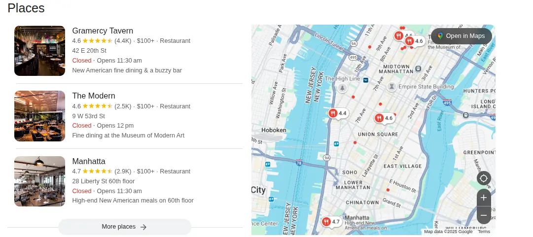 Local SEO services- restaurant map in Manhattan